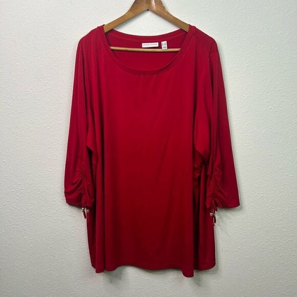 Susan Graver Liquid Knit Solid Red 3/4 Tie Sleeve Top Plus Size 3X - Picture 1 of 13